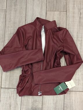HALARA Burgundy Faux Leather Zip-Front Jacket